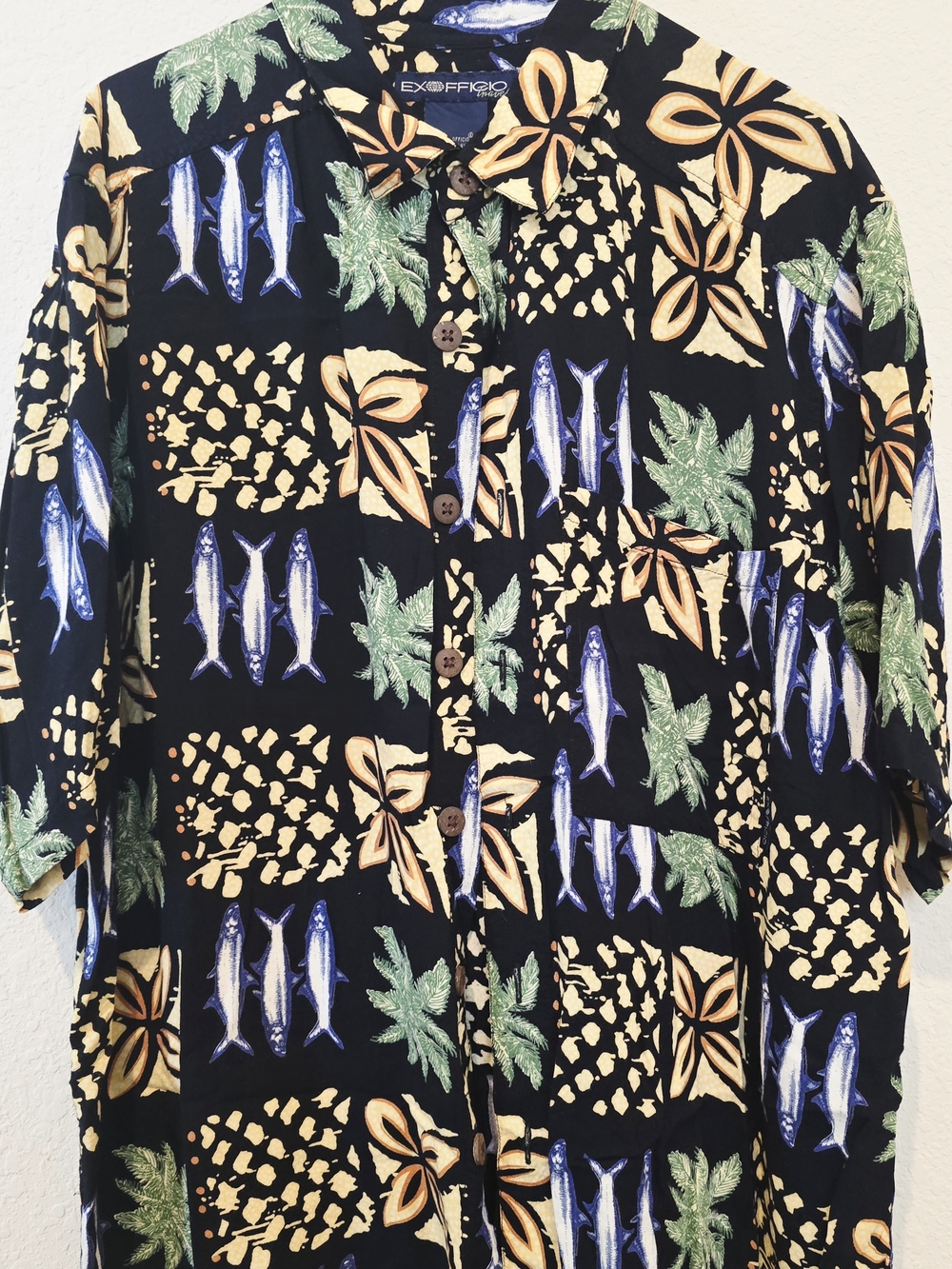Exofficio Black Rayon Hawaiian Shirt with Orange Floral and Green Palms